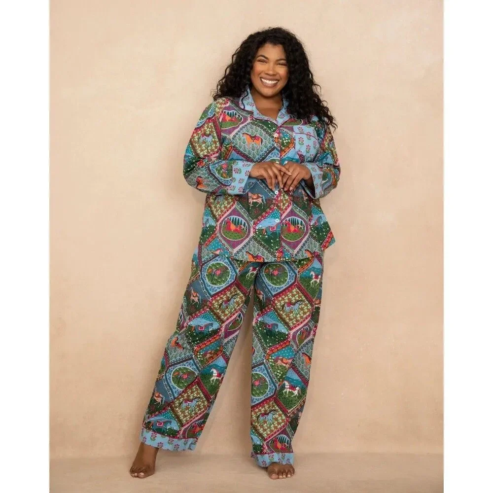 Printfresh Long PJ Set in High Horse Blush Denim Small S NEW